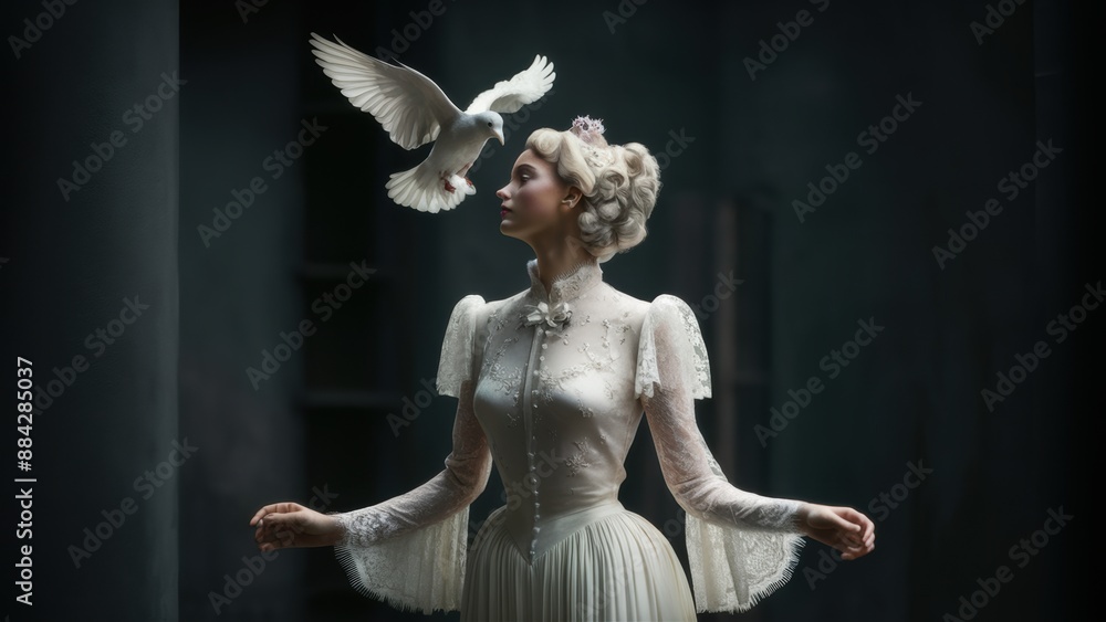 Fototapeta premium A woman in white dress with a dove on her head, AI