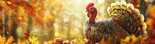 Majestic wild turkey in a vibrant autumn forest with colorful fall leaves, perfect for Thanksgiving and nature themes. photo