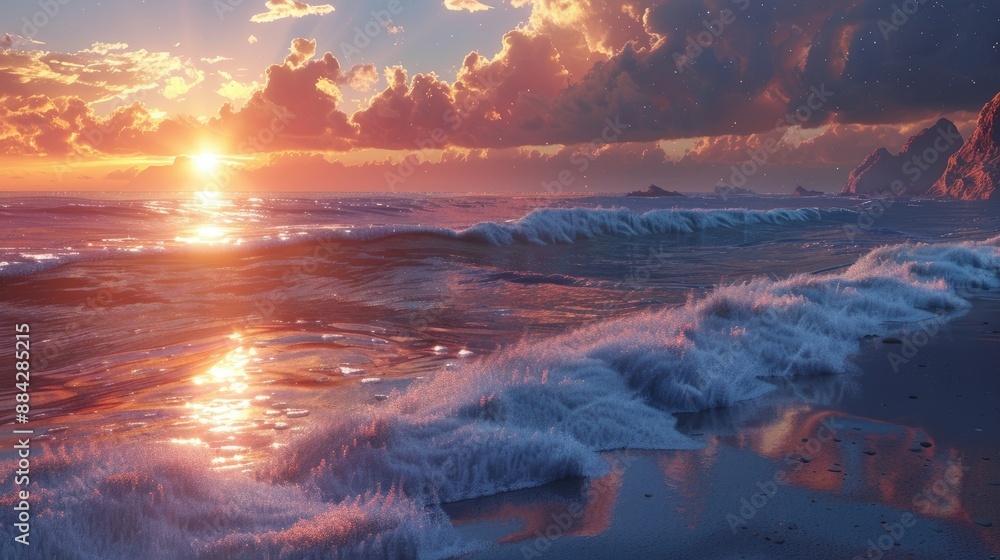 Majestic sunset on the beach, foamy waves, endless horizon, volcanic hills, and distant figures. Majestic sunset on the beach, foamy waves, endless horizon, volcanic hills, and distant figures.
