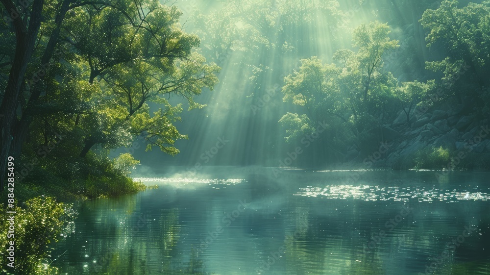 Sunrise over the river in the forest. Generative AI Sunrise over the river in the forest. Generative AI