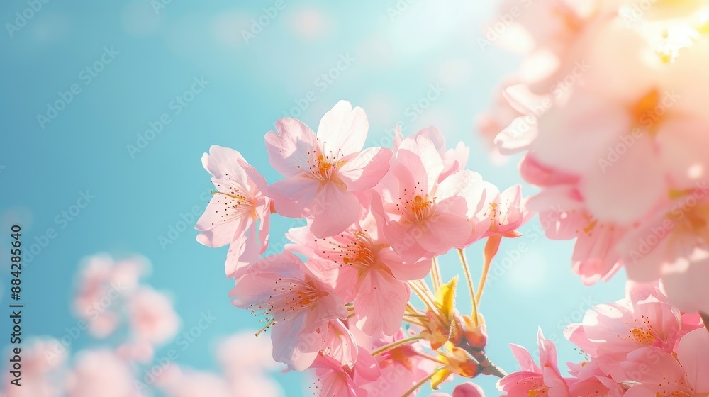 Pink sakura flowers in full bloom with a bright blue sky backdrop, symbolizing the charm and beauty of spring. Pink sakura flowers in full bloom with a bright blue sky backdrop, symbolizing the charm and beauty of spring.