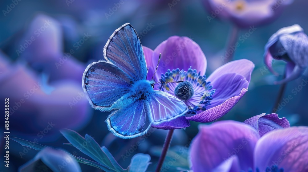 Obraz premium Purple blue butterfly on an anemone flower, spring nature close-up macro shot.