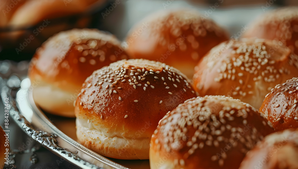 Freshly baked golden brown sesame seed burger buns on a tray, ready to be served or used in delicious homemade recipes. Freshly baked golden brown sesame seed burger buns on a tray, ready to be served or used in delicious homemade recipes.