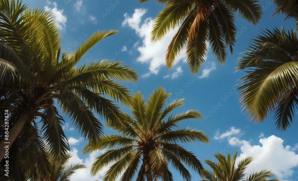 A vibrant blue sky serves as the backdrop for tall, swaying coconut palm trees background, evoking a sunny beach atmosphere, travel destinations relaxation purposes, lush leaves, view from below A vibrant blue sky serves as the backdrop for tall, swaying coconut palm trees background, evoking a sunny beach atmosphere, travel destinations relaxation purposes, lush leaves, view from below