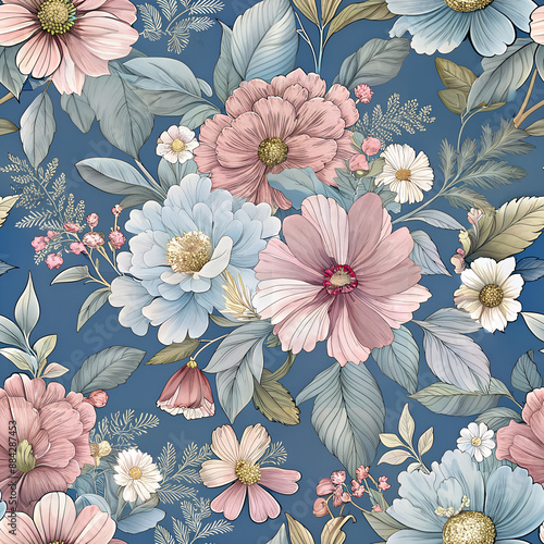 Elegant Toile De Jouy vintage floral seamless pattern featuring delicate florals and wildflowers on a greyish blue background. Perfect for fashion, textile, wallpaper, and botanical themes.