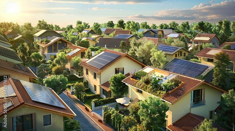 Solar Panel Rooftop community thousands of Solar Panels across the horizon in vast Suburb fighting climate change. AI generated illustration Solar Panel Rooftop community thousands of Solar Panels across the horizon in vast Suburb fighting climate change. AI generated illustration