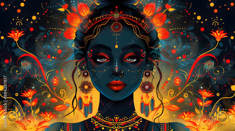 Fototapeta premium Colorful digital illustration of woman with intricate face paint and jewelry, vibrant floral background with artistic, mystical aura