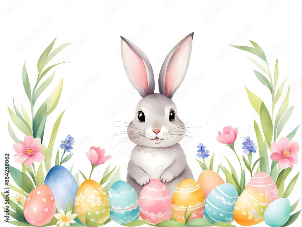 Obraz premium Adorable watercolor illustration of an Easter bunny surrounded by colorful eggs and spring flowers, capturing a cheerful and festive scene.