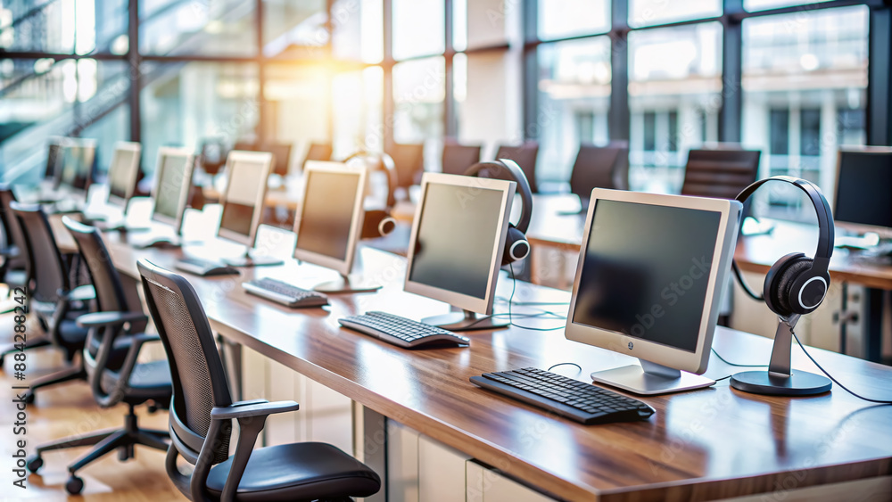 Modern customer service concept featuring empty desks with diverse headsets and computers, blurring the background, conveying a sense of teamwork and support. Modern customer service concept featuring empty desks with diverse headsets and computers, blurring the background, conveying a sense of teamwork and support.