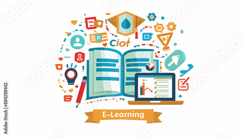 Illustration of e-learning concept with open book, laptop, icons, and educational elements for online and digital learning platforms.