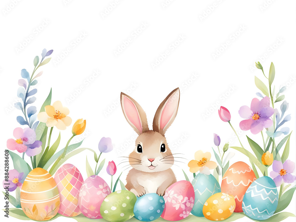Obraz premium Adorable Easter bunny surrounded by colorful eggs and vibrant flowers, perfect for celebrating the joyful spring holiday.