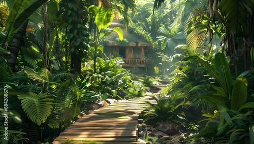 Lush tropical rainforest pathway leading to a traditional wooden hut surrounded by dense greenery and sunlight filtering through the trees.