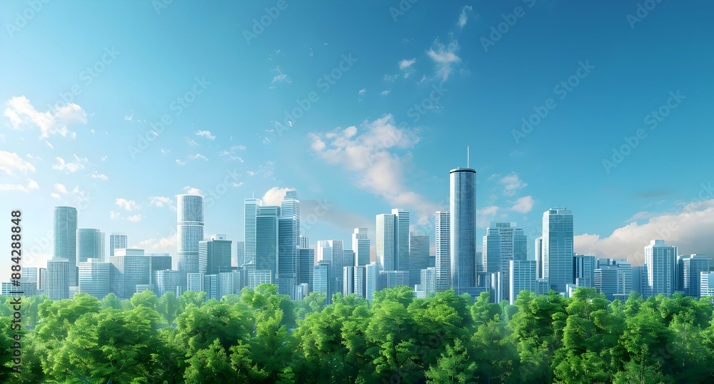Fototapeta premium Modern city skyline with tall skyscrapers against a clear blue sky, surrounded by lush green trees on a sunny day.