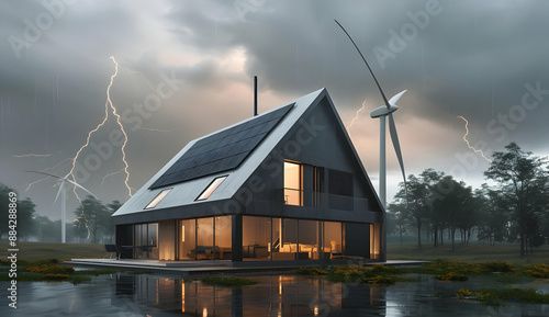 Modern eco-friendly house with solar panels and wind turbines in a stormy landscape, reflecting in water.