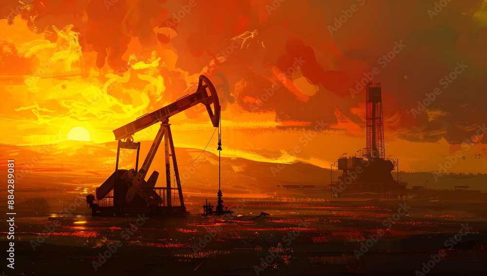 Oil pump jack and drilling rig at sunset. Beautiful dramatic sky creating a captivating industrial landscape. Oil pump jack and drilling rig at sunset. Beautiful dramatic sky creating a captivating industrial landscape.