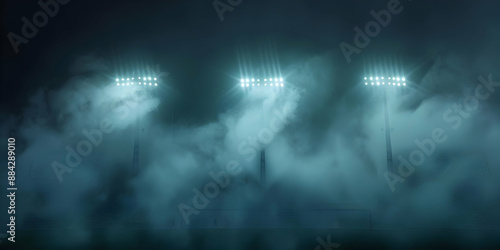 Mysterious foggy stadium illuminated by bright stadium lights, creating an eerie and dramatic nighttime sports atmosphere.