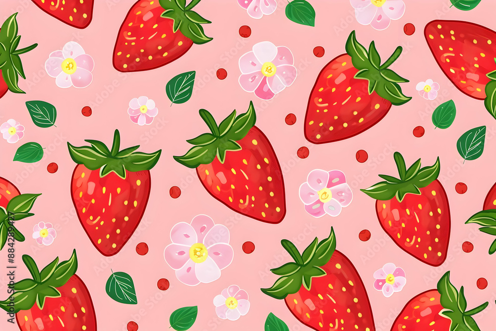 Seamless pattern of vibrant strawberries and flowers on a pink background, perfect for summer-themed designs and print materials. Seamless pattern of vibrant strawberries and flowers on a pink background, perfect for summer-themed designs and print materials.