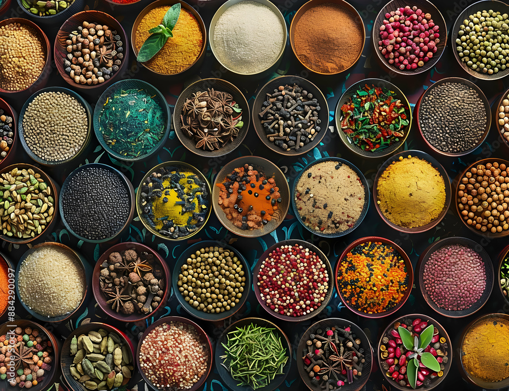 Top view of various colorful spices and herbs in bowls, showcasing a vibrant assortment of flavors and textures for culinary use. Top view of various colorful spices and herbs in bowls, showcasing a vibrant assortment of flavors and textures for culinary use.
