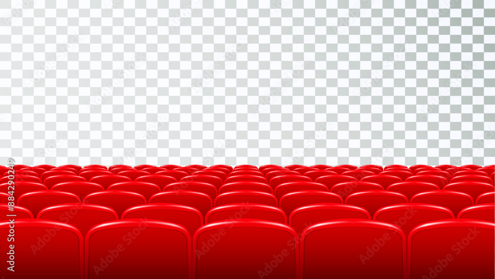 Fototapeta premium Rows of red cinema or theater seats in front of transparent background. Vector.