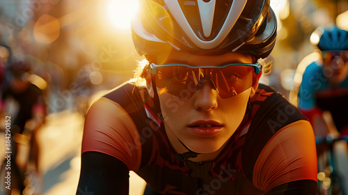 Determined Female Cyclist in Action During Competitive Race at Sunset photo