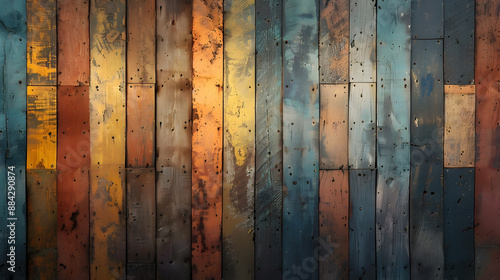 Layers of weathered distressed wooden planks in a vibrant sun drenched palette of warm yellows burnt oranges and sun bleached blues forming a rustic textural foundation for a serene landscape scene photo