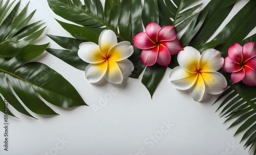 Top view of a tropical border with vibrant plumeria frangipani flowers and palm leaves, framing a blank space for text on a white background, summer themed design concept, arrangement