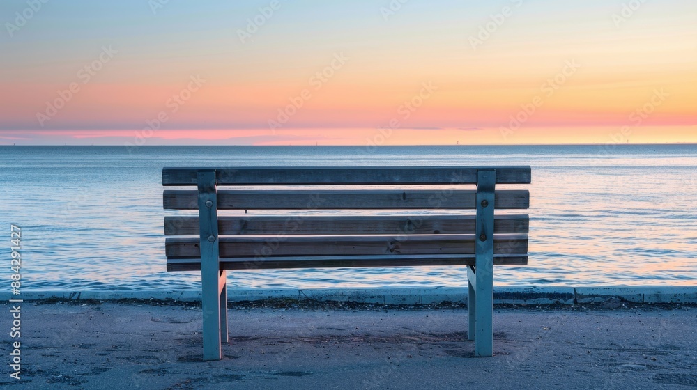 Empty wooden park bench facing calm ocean with sunset, symbolizing retirement and peaceful future planning. Empty wooden park bench facing calm ocean with sunset, symbolizing retirement and peaceful future planning.