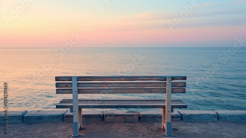 Empty wooden park bench facing calm ocean with sunset, symbolizing retirement and peaceful future planning. © MakoPoko