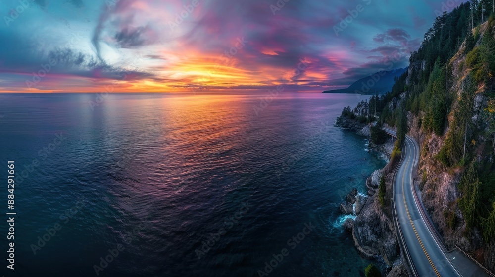 Aerial panorama of Sea to Sky Highway on Pacific Ocean with colorful sunrise, highlighting scenic beauty. Aerial panorama of Sea to Sky Highway on Pacific Ocean with colorful sunrise, highlighting scenic beauty.