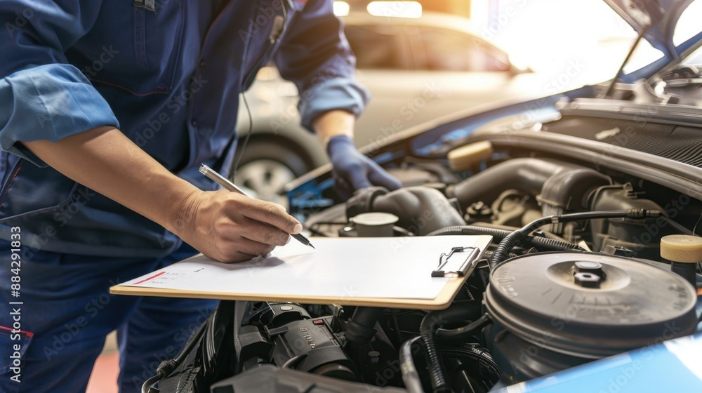 Car mechanic checking engine with clipboard, illustrating auto repair services. Car mechanic checking engine with clipboard, illustrating auto repair services.