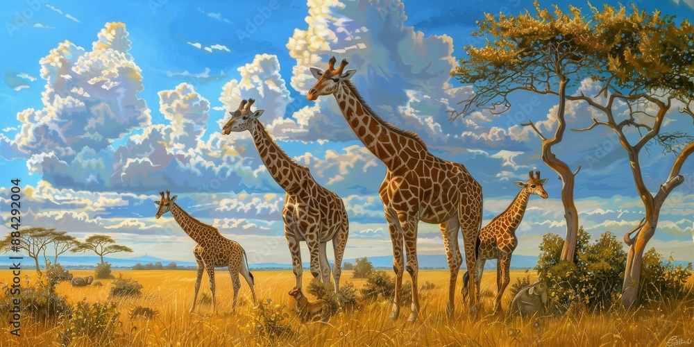 Fototapeta premium A family of giraffes grazing on the savannah, showcasing the beauty of African wildlife