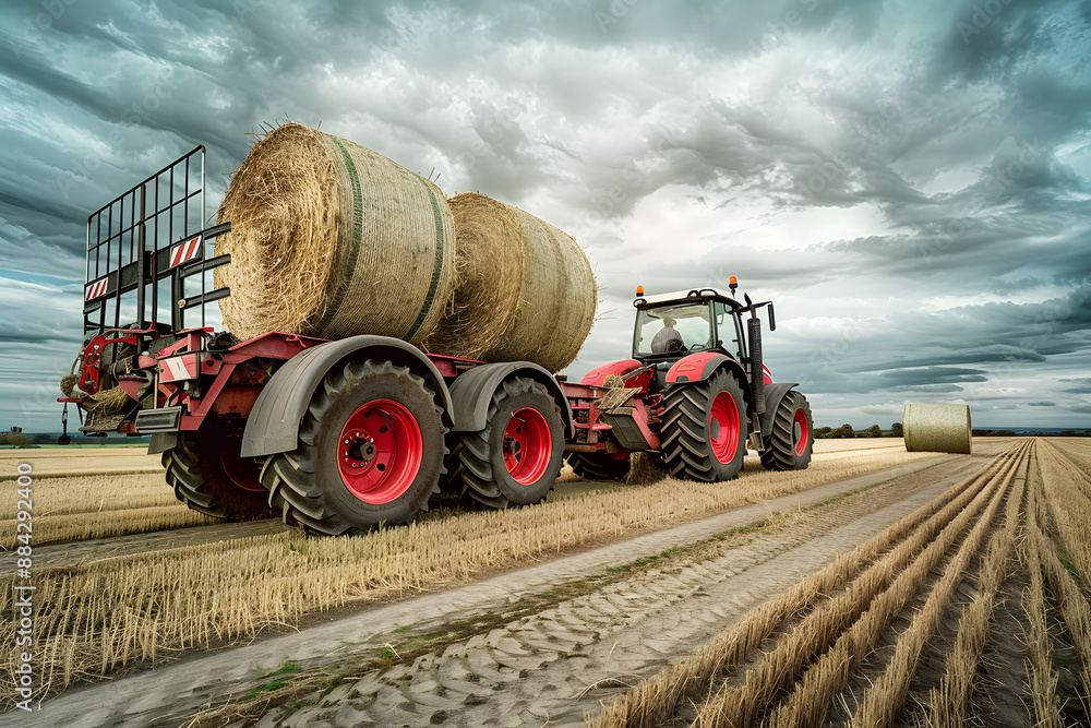 Obraz premium Loading round hay bales in a tracktor. Farmer with a tractor loading a trailer with straw bales