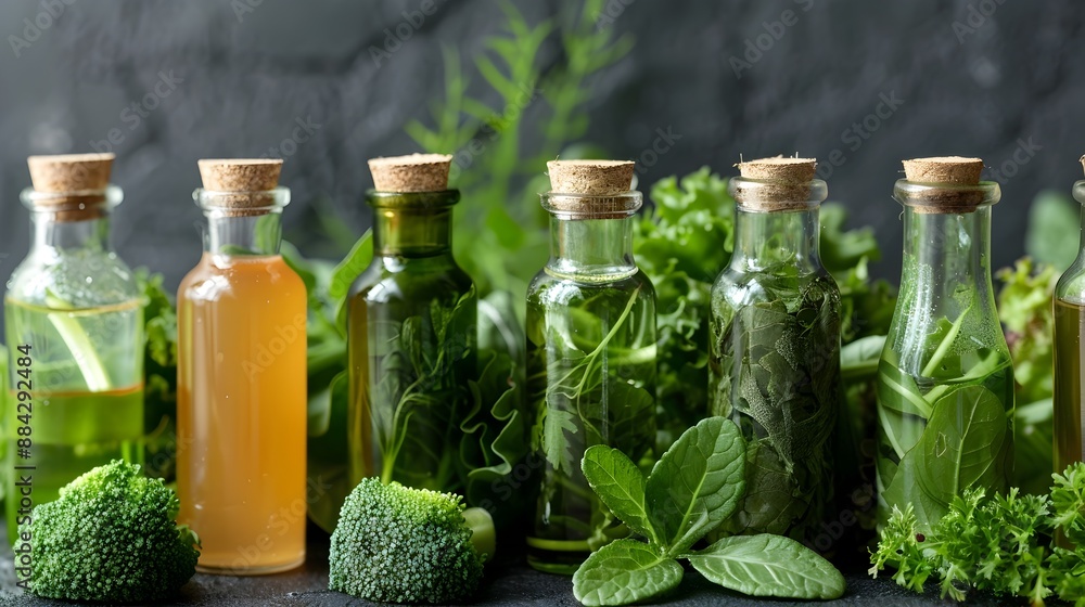 Realism of Bottled Vegetable Extracts and Leafy Greens in Natural Arrangement Realism of Bottled Vegetable Extracts and Leafy Greens in Natural Arrangement