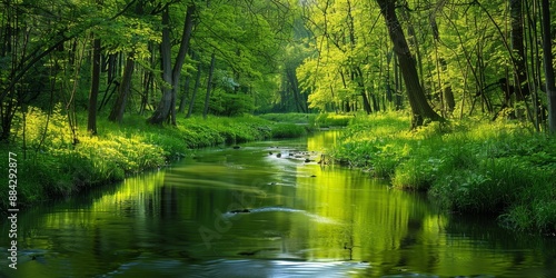 A tranquil river winding through a lush green forest, capturing the beauty of freshwater ecosystems