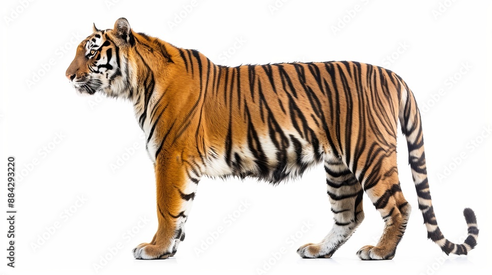Profile view of a majestic tiger standing with its characteristic striped pattern vividly visible against a plain white backdrop, symbolizing strength, beauty, and wild nature. Profile view of a majestic tiger standing with its characteristic striped pattern vividly visible against a plain white backdrop, symbolizing strength, beauty, and wild nature.