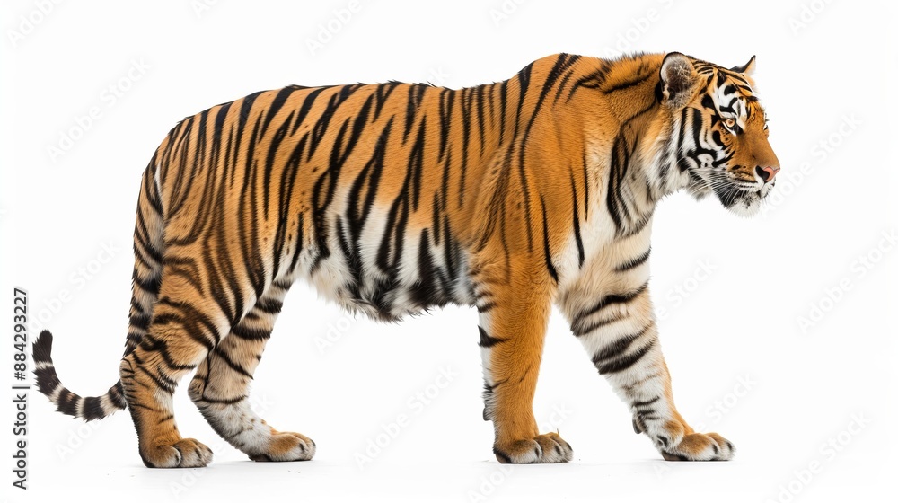 Fototapeta premium This image captures a tiger walking gracefully in profile with its striking stripes and muscular build evident against a plain white background, symbolizing power and natural elegance.
