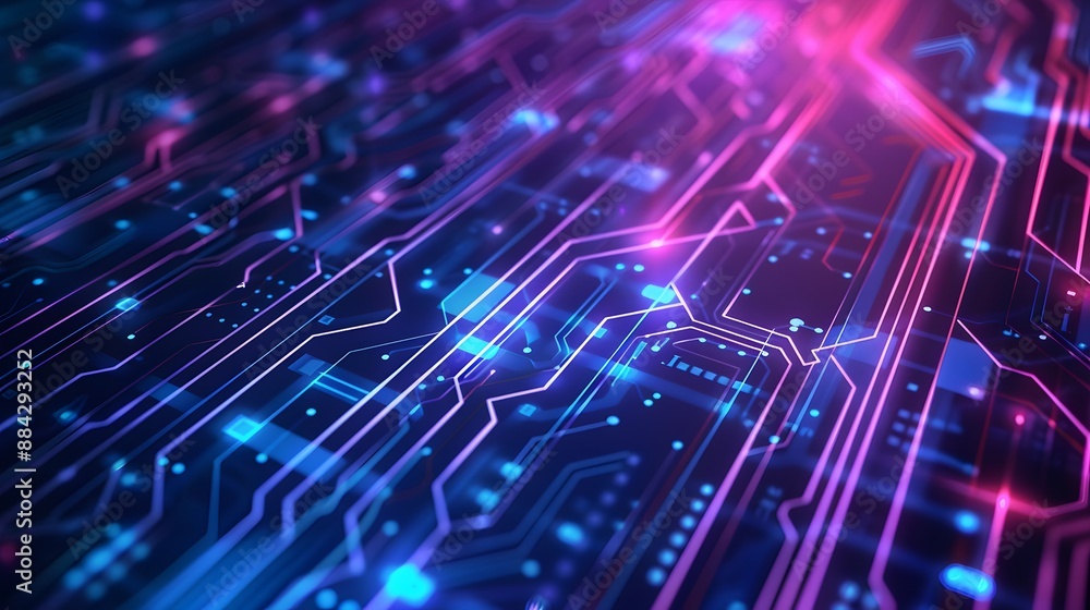 Blurry scene of a circuit board with futuristic processor and binary code in cyberspace. Digital innovation and AI technology theme. Blurry scene of a circuit board with futuristic processor and binary code in cyberspace. Digital innovation and AI technology theme.