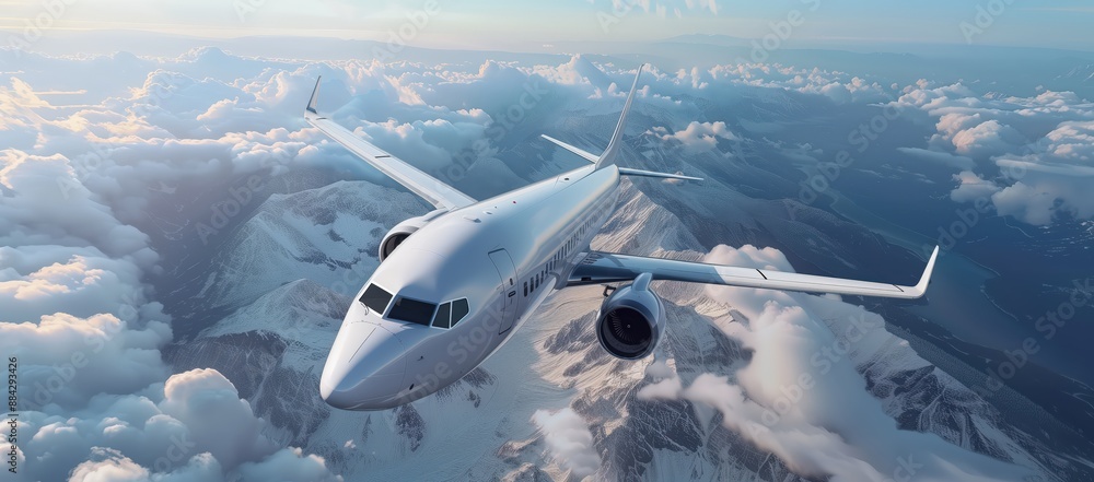 Fototapeta premium 3d render of white passenger airplane flying in the sky with clouds on background