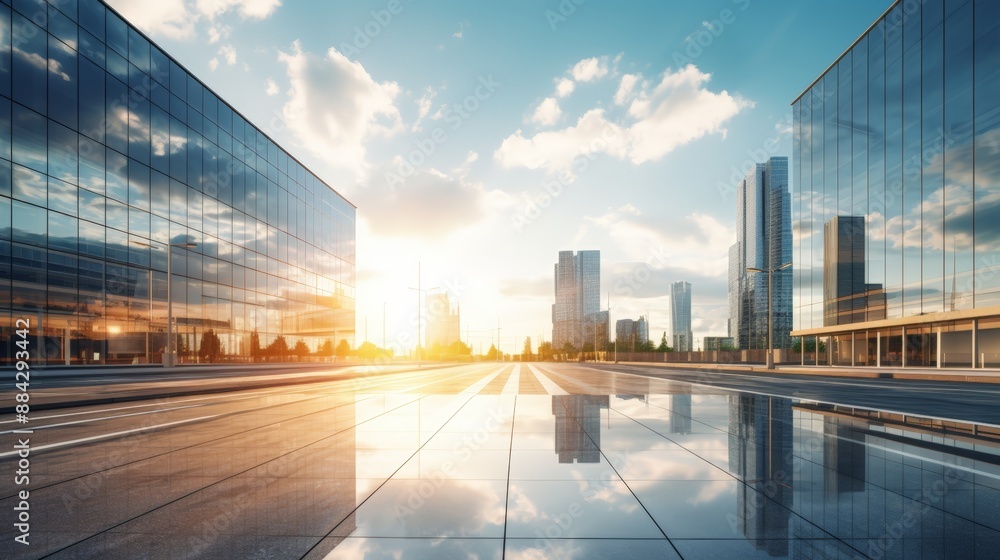 Fototapeta premium Modern office building or business center. High-rise window buildings made of glass reflect the clouds and the sunlight. empty street outside wall modernity civilization. growing up business