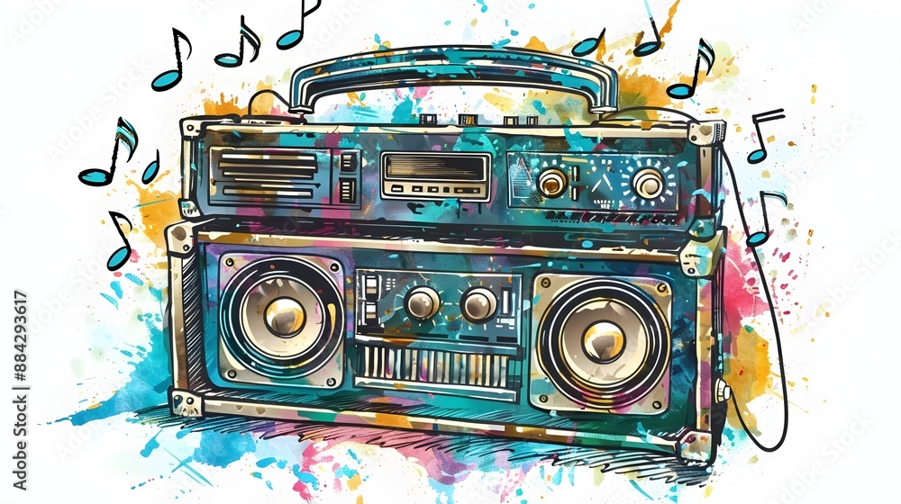 Fototapeta premium Retro Boombox with Vibrant Music Notes for Sticker or Shirt Design