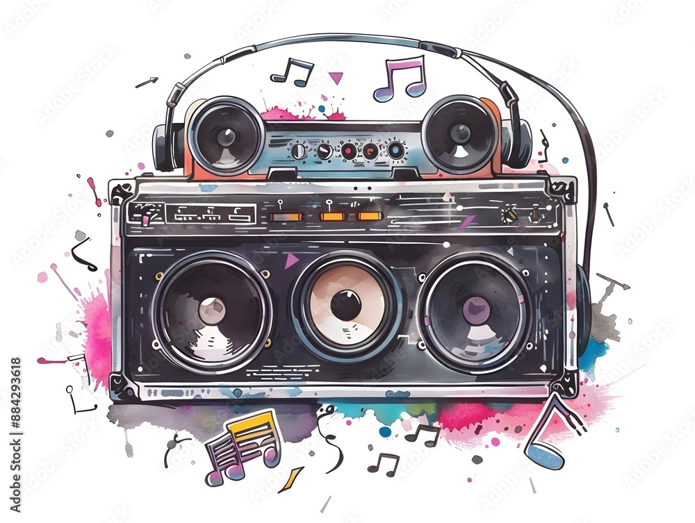 Fototapeta premium Retro Boombox with Vibrant Music Notes Suitable for Shirt Designs or Sticker Art