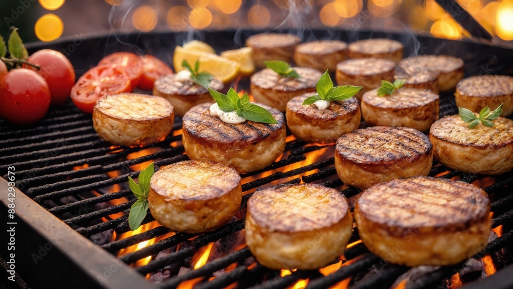 Golden sunset over a grill with food, bokeh Golden sunset over a grill with food, bokeh