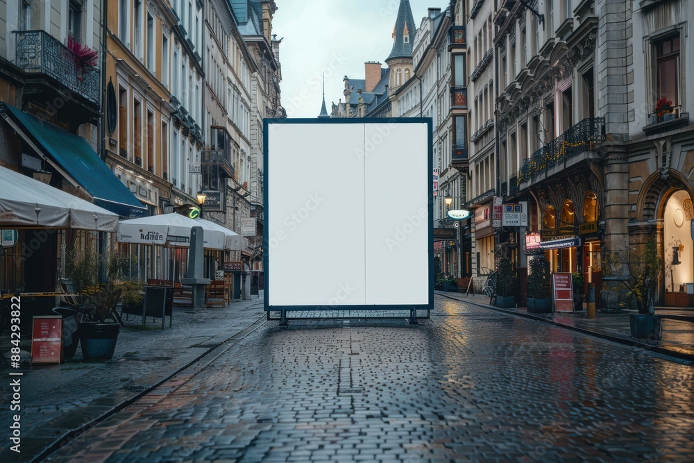 Naklejka premium A blank billboard in a European street, surrounded by historic buildings, ready for advertisement or promotional content.