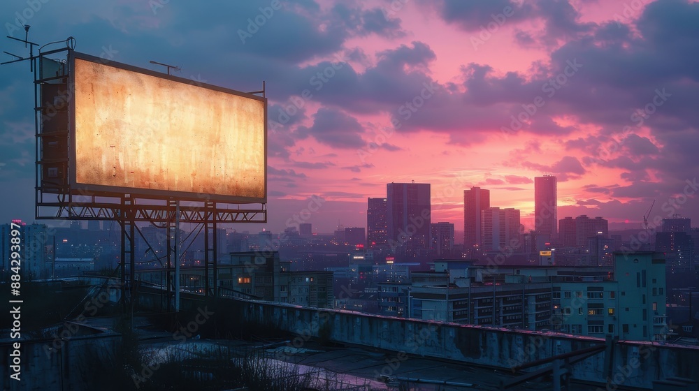 Obraz premium A sunset over a city skyline with a blank billboard glowing, ready for advertising, creating a dramatic urban scene.