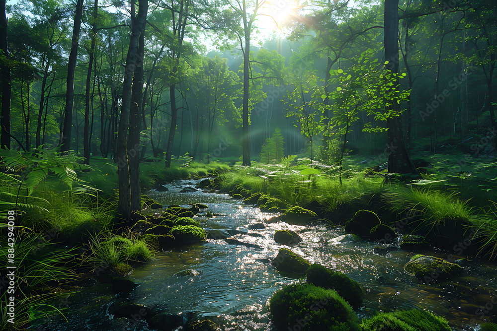 Obraz premium Stream in green forest, ravine with water, result from change in landscape, water soil erosion. Nature landscape сhanges