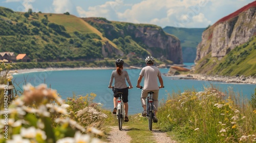 Couple riding bicycles along a scenic coastal path, embracing the freedom and adventure of a summer afternoon