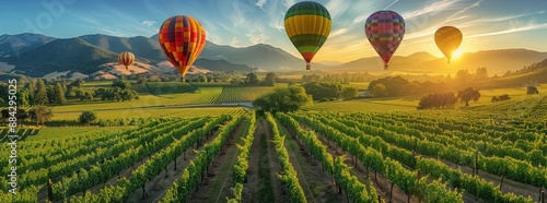 A group of colorful hot air balloons floating over the vineyards in Napa Valley, California at sunrise