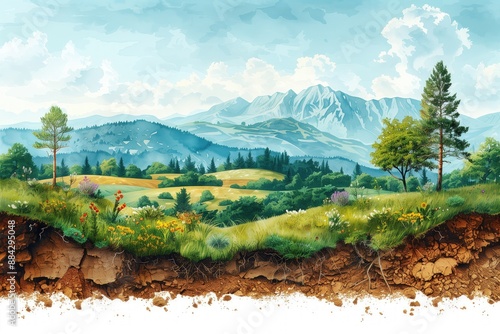 Mountain and forest landscape with soil cross section showing root system and highlight impact of erosion on environment. Concept of landscape change, soil erosion