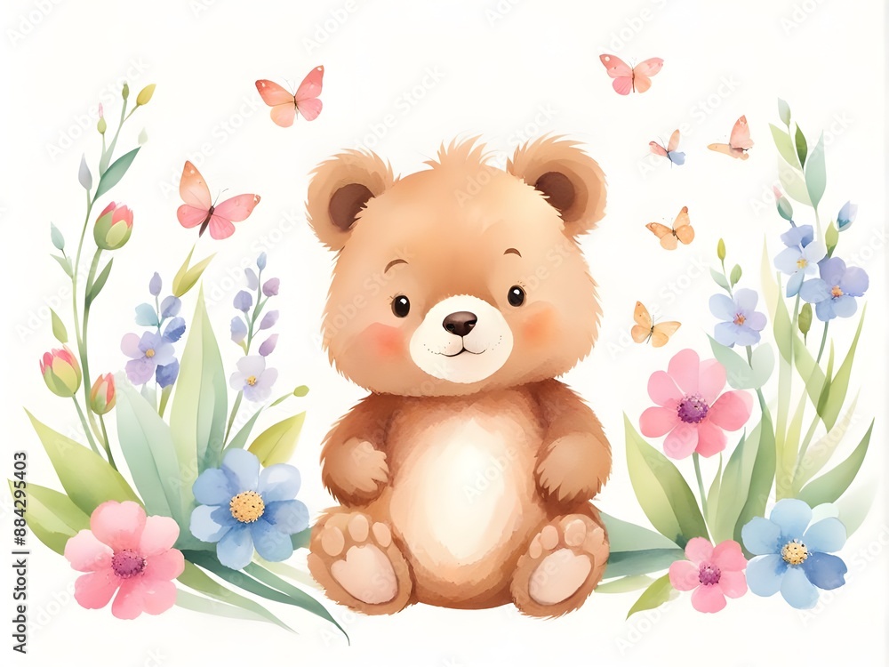 Obraz premium Adorable watercolor illustration of a teddy bear surrounded by colorful spring flowers and butterflies, creating a whimsical and joyful scene.