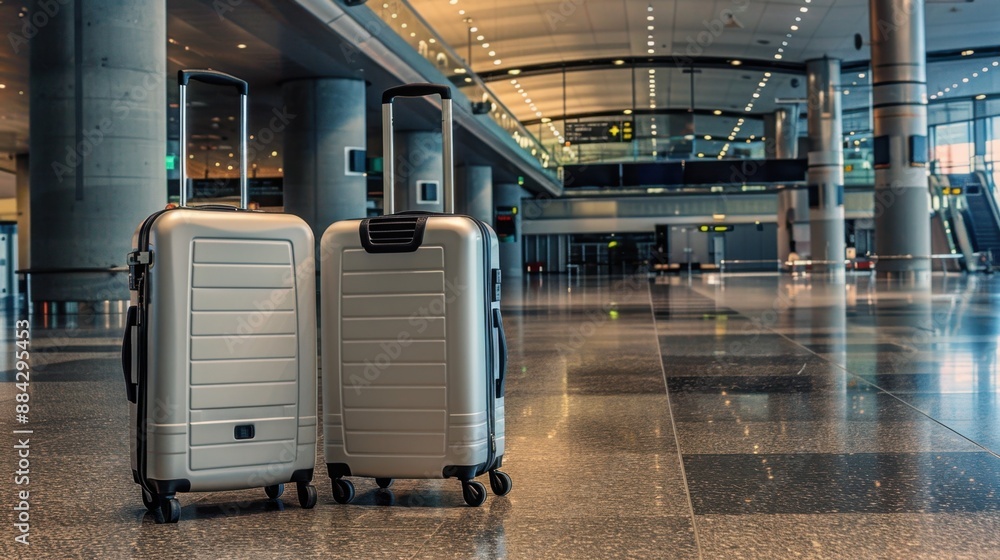 Fototapeta premium Two suitcases standing in an empty airport terminal, symbolizing travel and adventure.